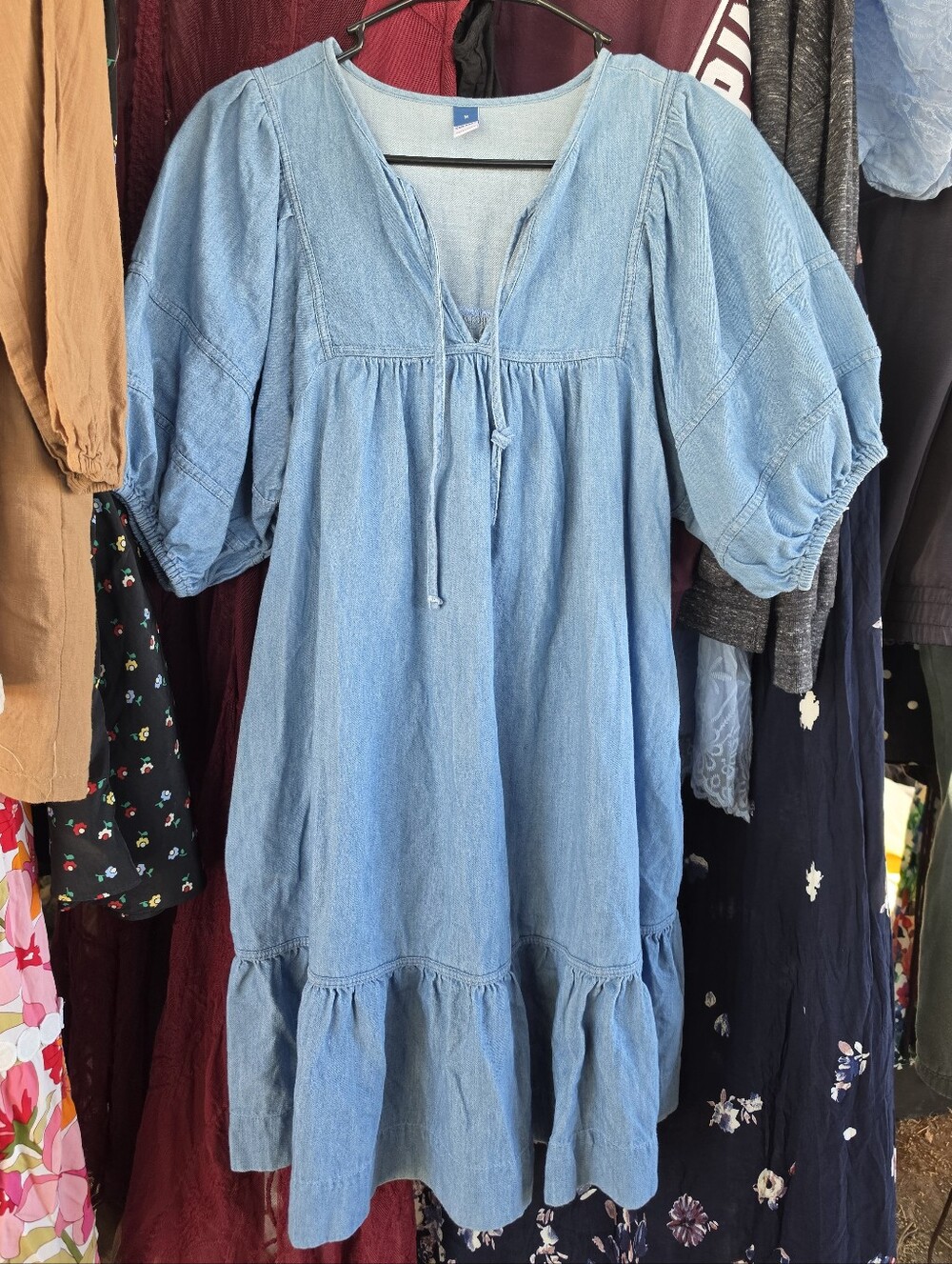 Old Navy Blue Chambray Tie-Front Puff Sleeve Dress - Picture 2 of 7